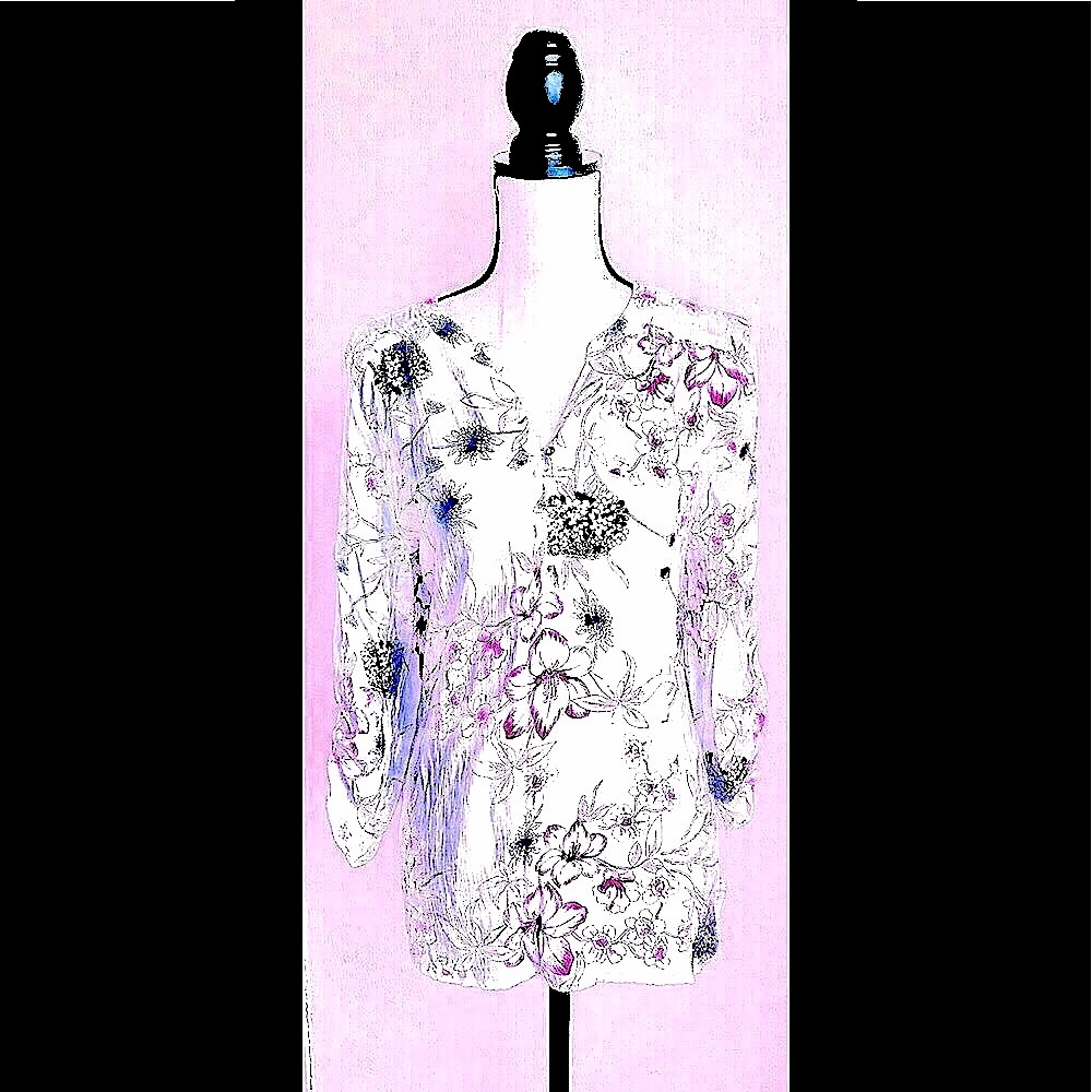 White Floral Tunic Top OR Cover-Up: Pink & Blue Floral Blouse, Sz. L